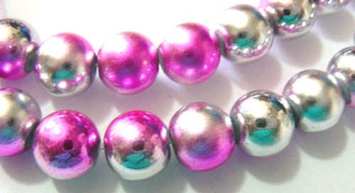 10mm Two-Tone Metallic Glass Beads - Pink/Silver (+/- 40 Pieces)