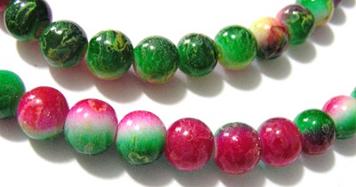 8mm Multicolour Opaque Glass Beads - Green/Red/White (+/- 50 pi