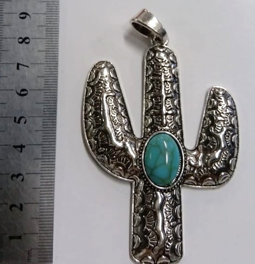 80mm Nickel Pendant - Cactus with Turquoise Stone (each)